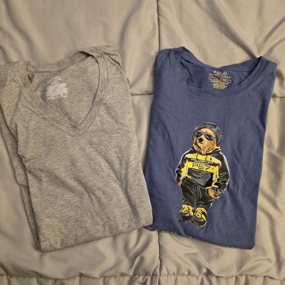 Two Polo by Ralph Lauren Tees - Blue Teddy Bear And Grey V-Neck NWT